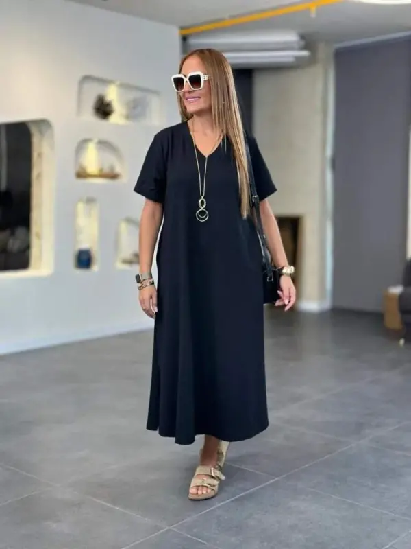 Women's Short Sleeve V-Neck Pocket Detailed Long Viscose Two Thread Dress - 3