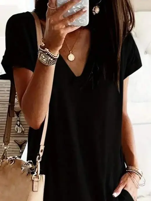 Women's Short Sleeve V Neck Pocketed Short Viscose Dress - 2