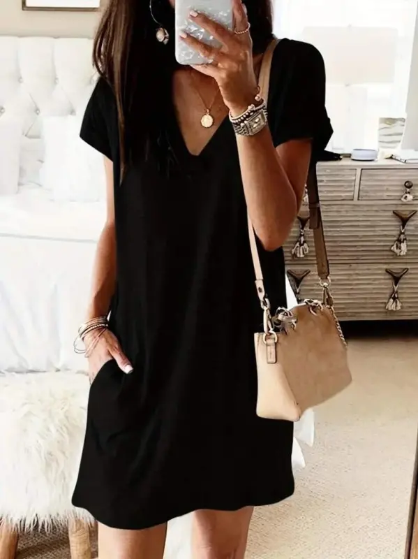 Women's Short Sleeve V Neck Pocketed Short Viscose Dress - 3