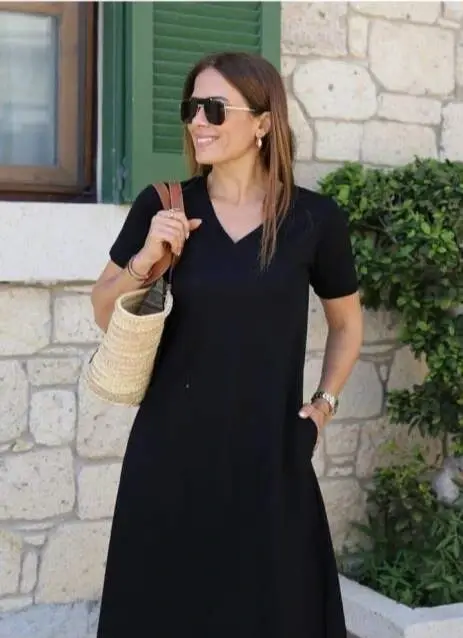 Women's Short Sleeve V-Neck Pocketed Viscose Dress - 2