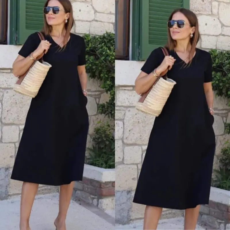 Women's Short Sleeve V-Neck Pocketed Viscose Dress - 4