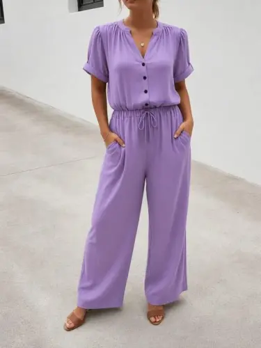 Women's Short Sleeve V-Neck Pocketed Woven Viscose Jumpsuit - 1
