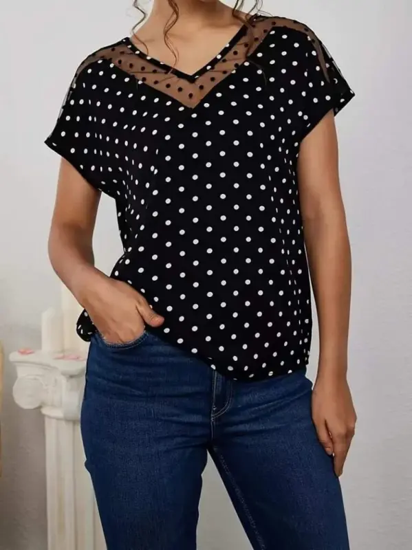Women's Short Sleeve V-Neck Polka Dot Crepe Blouse - 3