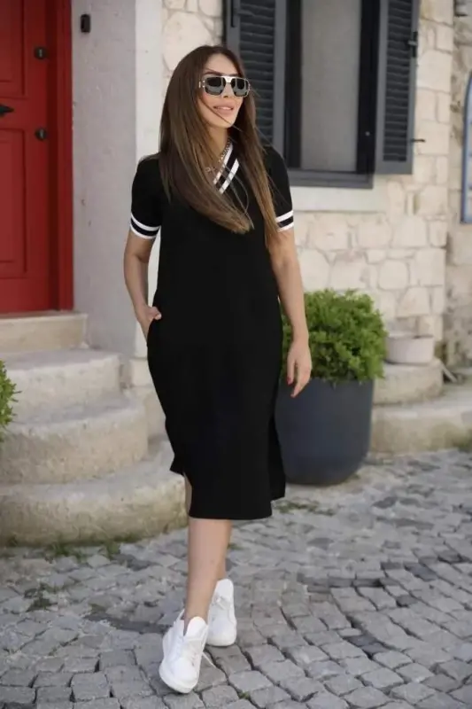 Women's Short Sleeve V-Neck Rib Trim Detail Midi Viscose Dress - 3