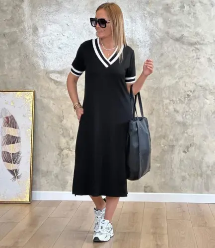 Women's Short Sleeve V-Neck Rib Trim Detail Midi Viscose Dress - 5