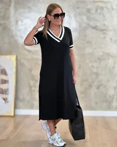 Women's Short Sleeve V-Neck Rib Trim Detail Midi Viscose Dress - 7