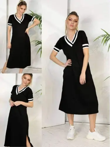 Women's Short Sleeve V-Neck Rib Trim Detail Midi Viscose Dress - 9