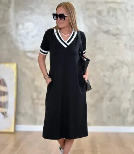 Women's Short Sleeve V-Neck Rib Trim Detail Midi Viscose Dress - 6