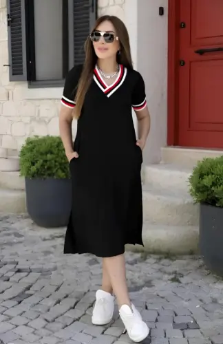 Women's Short Sleeve V-Neck Ribbed Detail Midi Viscose Dress - 3