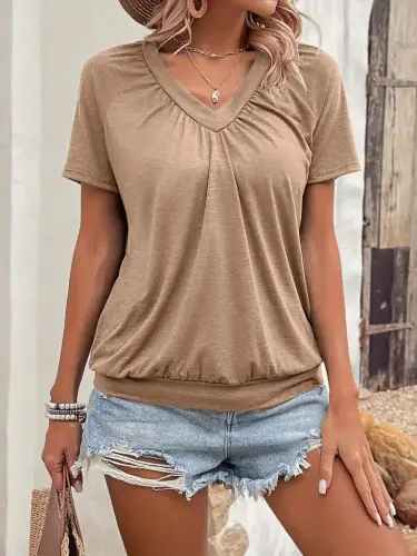 Women's Short Sleeve V-Neck Ruched Detail Viscose Blouse - 1