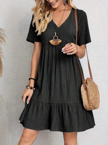 Women's Short Sleeve V Neck Ruffle Crinkle Dress - 1