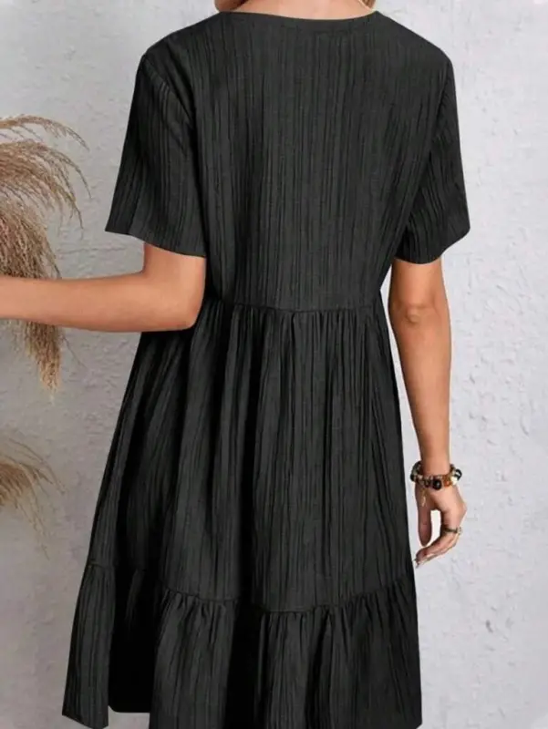 Women's Short Sleeve V Neck Ruffle Crinkle Dress - 4