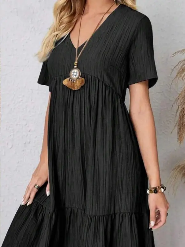 Women's Short Sleeve V Neck Ruffle Crinkle Dress - 2