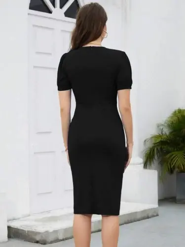 Women's Short Sleeve V-Neck Ruffled Front Imported Crepe Dress - 5