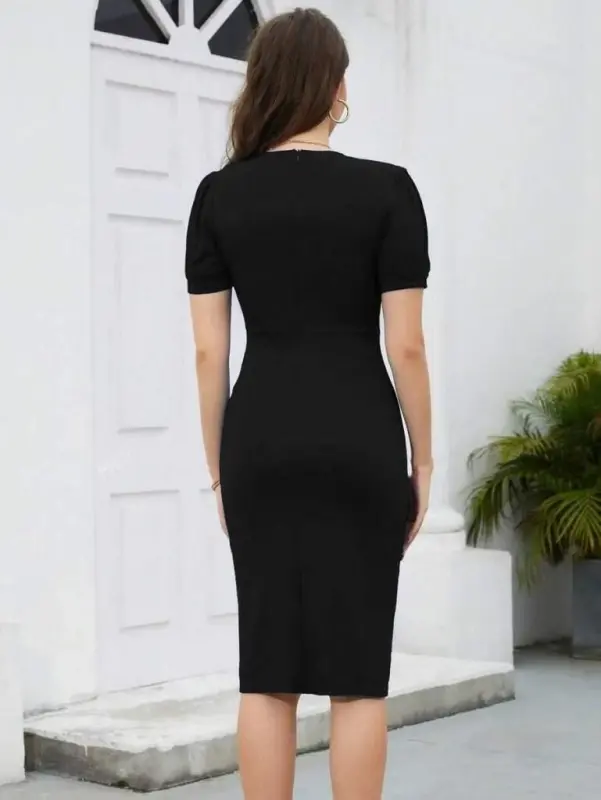 Women's Short Sleeve V-Neck Ruffled Front Imported Crepe Dress - 4