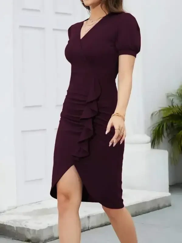 Women's Short Sleeve V Neck Ruffled Front Imported Crepe Dress - 3
