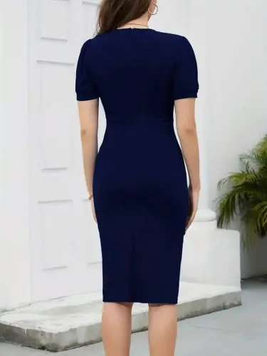 Women's Short Sleeve V-Neck Ruffled Front Imported Crepe Dress - 5