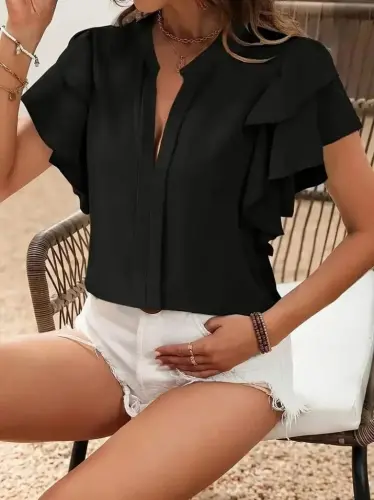 Women's Short Sleeve V-Neck Ruffled Sleeve Dubai Blouse - 1