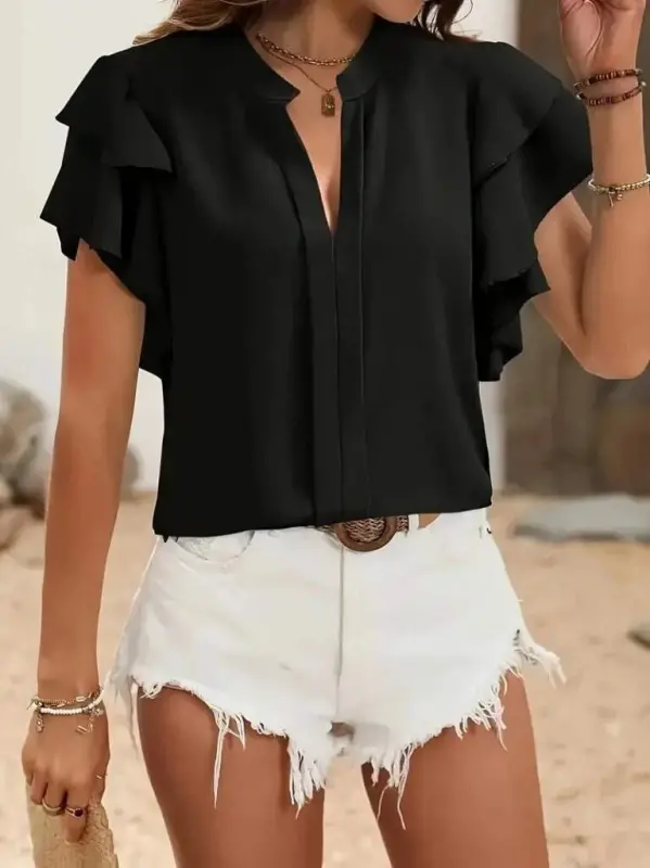 Women's Short Sleeve V-Neck Ruffled Sleeve Dubai Blouse - 2