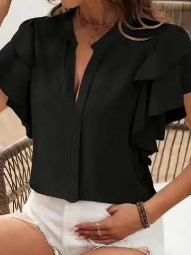 Women's Short Sleeve V-Neck Ruffled Sleeve Dubai Blouse - 4