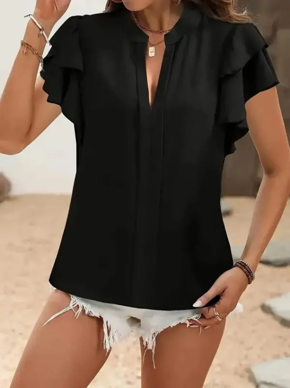 Women's Short Sleeve V-Neck Ruffled Sleeve Dubai Blouse - 5