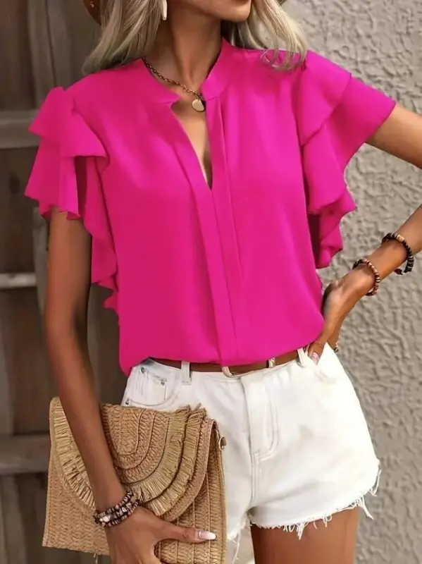 Women's Short Sleeve V-Neck Ruffled Sleeve Dubai Blouse - BÜYÜKBEDENIZ