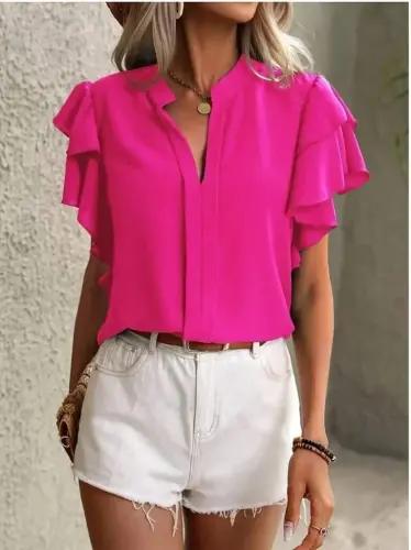 Women's Short Sleeve V-Neck Ruffled Sleeve Dubai Blouse - 3