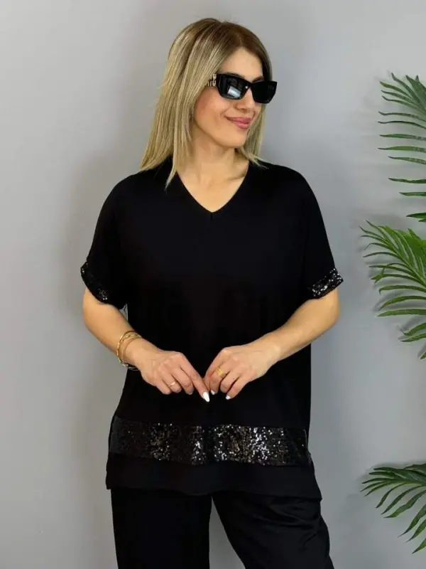 Women's Short Sleeve V-Neck Sequin Detailed Viscose Two-Thread Blouse and Pants Two-Piece Set - 5