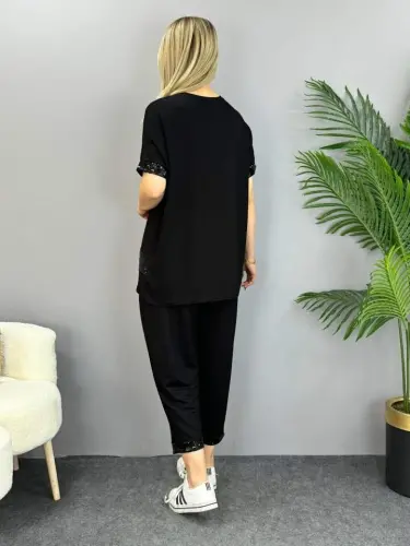 Women's Short Sleeve V-Neck Sequin Detailed Viscose Two-Thread Blouse and Pants Two-Piece Set - 6