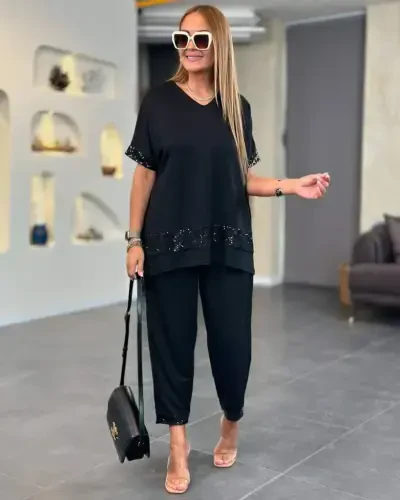 Women's Short Sleeve V-Neck Sequin Viscose Two Thread Blouse and Pants Set - 1