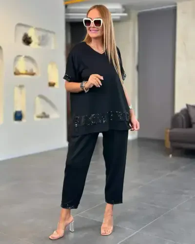 Women's Short Sleeve V-Neck Sequin Viscose Two Thread Blouse and Pants Set - BÜYÜKBEDENIZ (1)