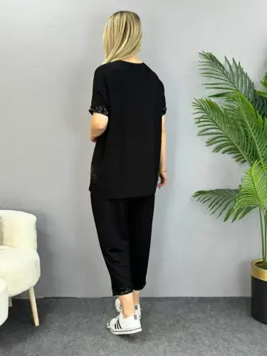 Women's Short Sleeve V-Neck Sequin Viscose Two Thread Blouse and Pants Set - 6