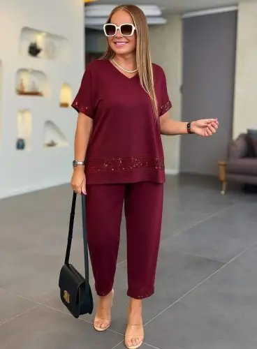 Women's Short Sleeve V-Neck Sequined Viscose Two-Thread Blouse and Trousers Two-Piece Set - BÜYÜKBEDENIZ (1)