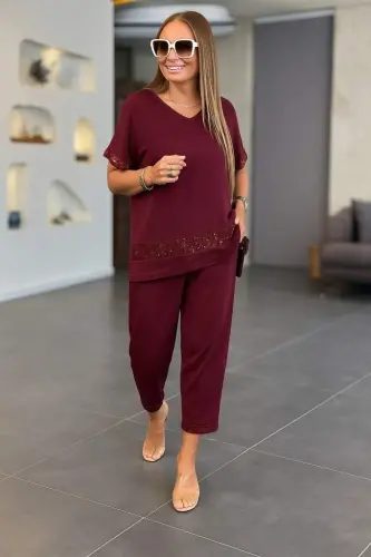 Women's Short Sleeve V-Neck Sequined Viscose Two-Thread Blouse and Trousers Two-Piece Set - 3