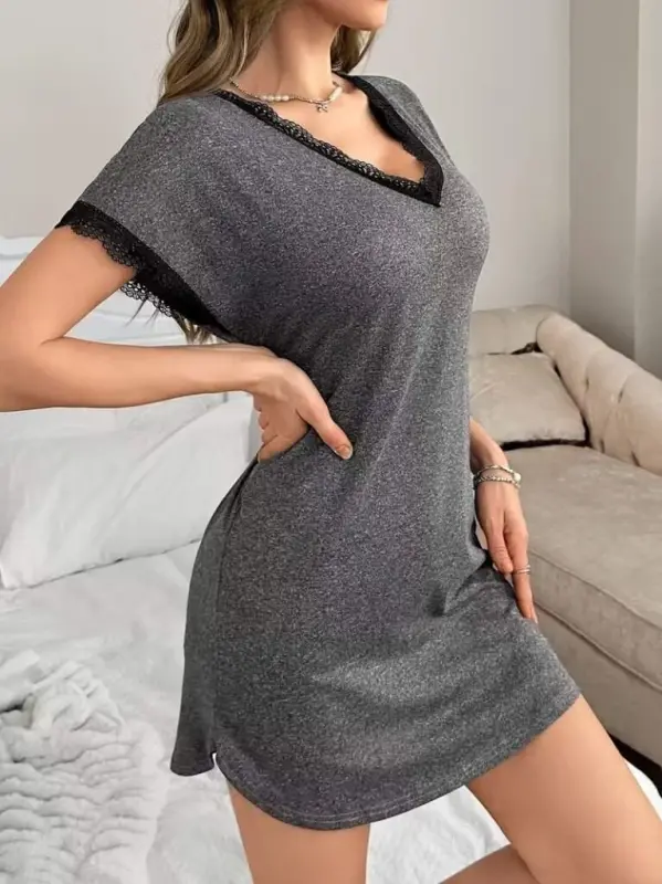 Women's Short Sleeve V-Neck Short Viscose Nightgown - 3