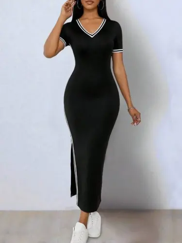 Women's Short Sleeve V-Neck Side Slit Viscose Two Thread Dress - BÜYÜKBEDENIZ (1)