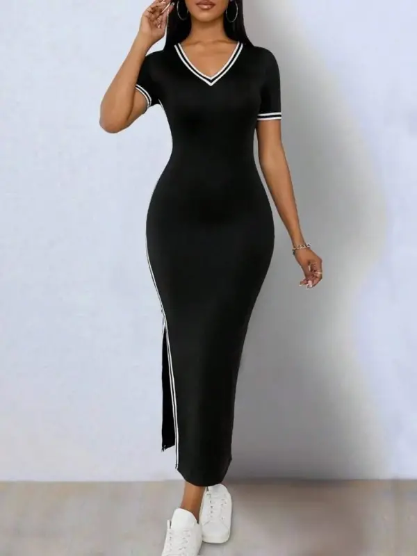 Women's Short Sleeve V-Neck Side Slit Viscose Two Thread Dress - 2