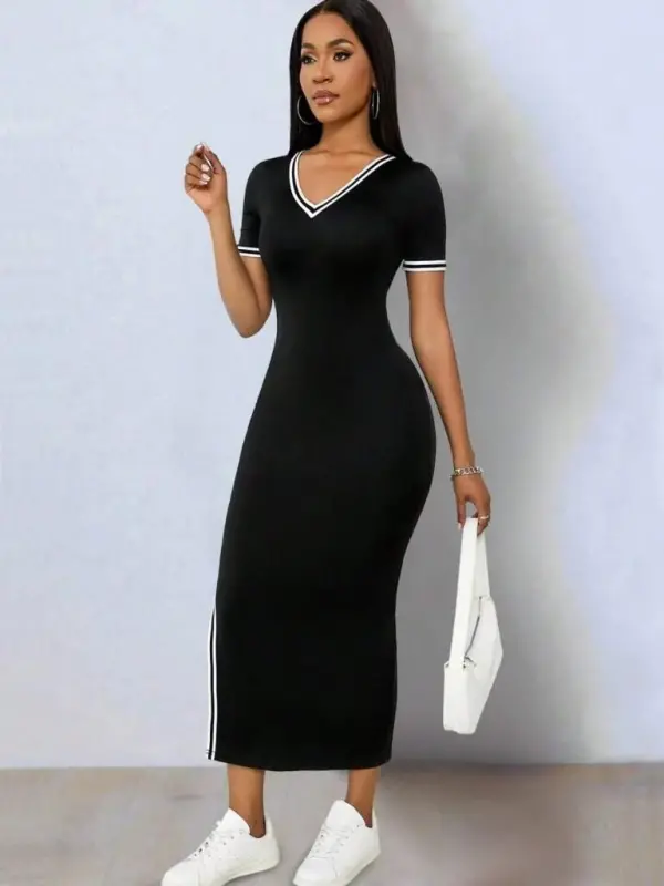 Women's Short Sleeve V-Neck Side Slit Viscose Two Thread Dress - 4