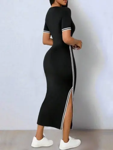 Women's Short Sleeve V-Neck Side Slit Viscose Two Thread Dress - 5