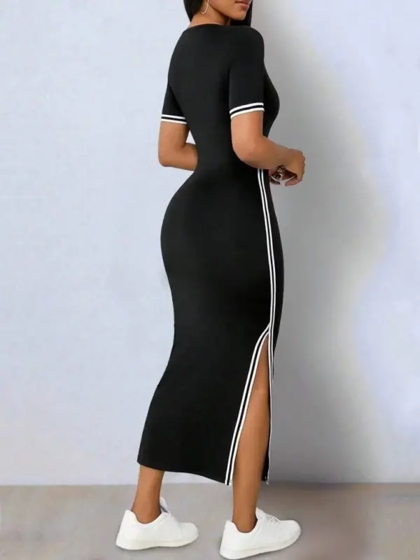 Women's Short Sleeve V-Neck Side Slit Viscose Two Thread Dress - 5