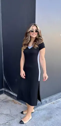 Women's Short Sleeve V-Neck Side Stripe and Slit Viscose Maxi Dress - 1