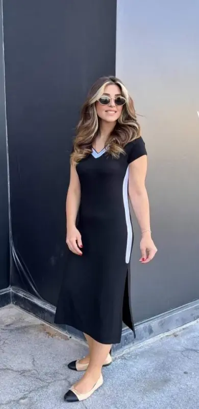 Women's Short Sleeve V-Neck Side Stripe and Slit Viscose Maxi Dress - 1