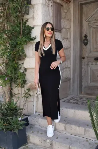 Women's Short Sleeve V-Neck Side Striped and Slit Viscose Long Dress - 1