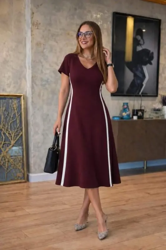 Women's Short Sleeve V-Neck Side Striped Viscose Two-Thread Midi Dress - 3