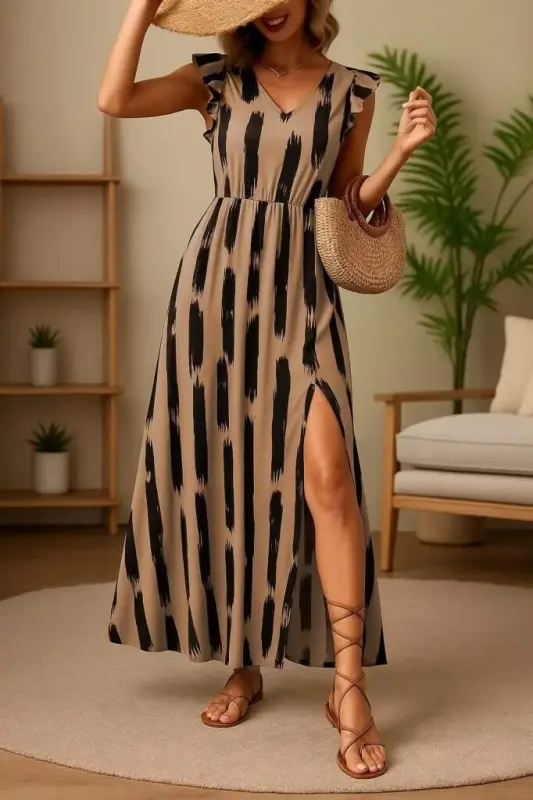 Women's Short Sleeve V-Neck Slit Floral Patterned Supreme Dress - 3