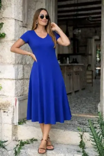 Women's Short Sleeve V-Neck Slit Midi Viscose Dress - BÜYÜKBEDENIZ (1)