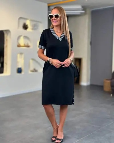Women's Short Sleeve V-Neck Slit Side Buttoned Viscose Two Thread Dress - BÜYÜKBEDENIZ (1)