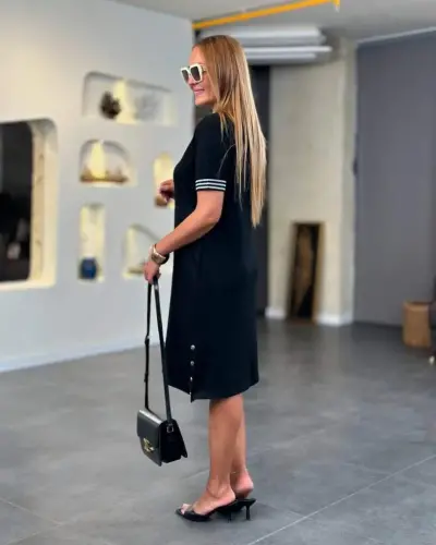 Women's Short Sleeve V-Neck Slit Side Buttoned Viscose Two Thread Dress - 3