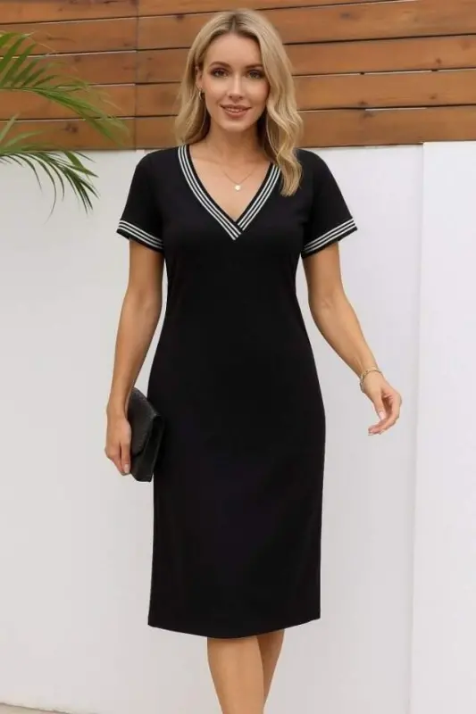 Women's Short Sleeve V-Neck Slit Side Buttoned Viscose Two Thread Dress - 1