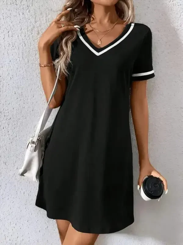 Women's Short Sleeve V-neck Striped Short Viscose Dress - 4